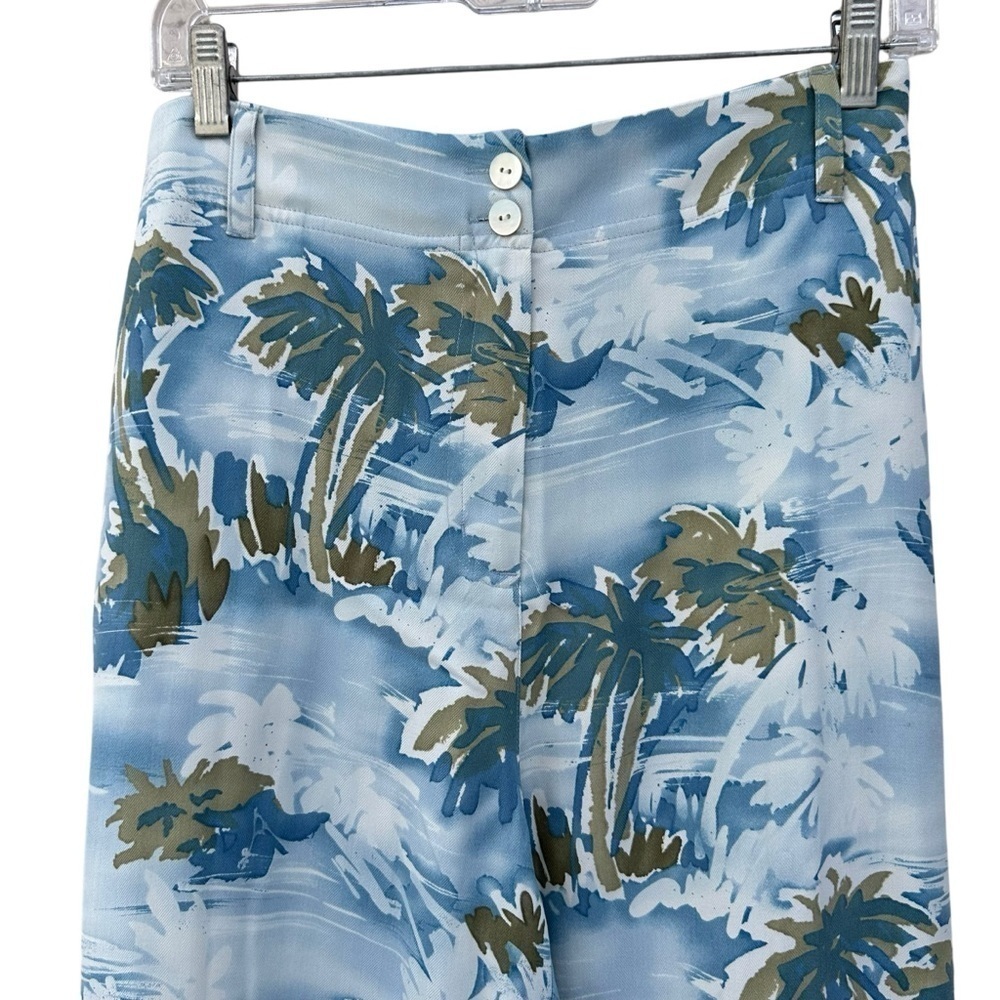 Kate Hill 100% Silk Cropped Tropical Palm Trees Blue Flowy Summer Pants, XL - Picture 5 of 10